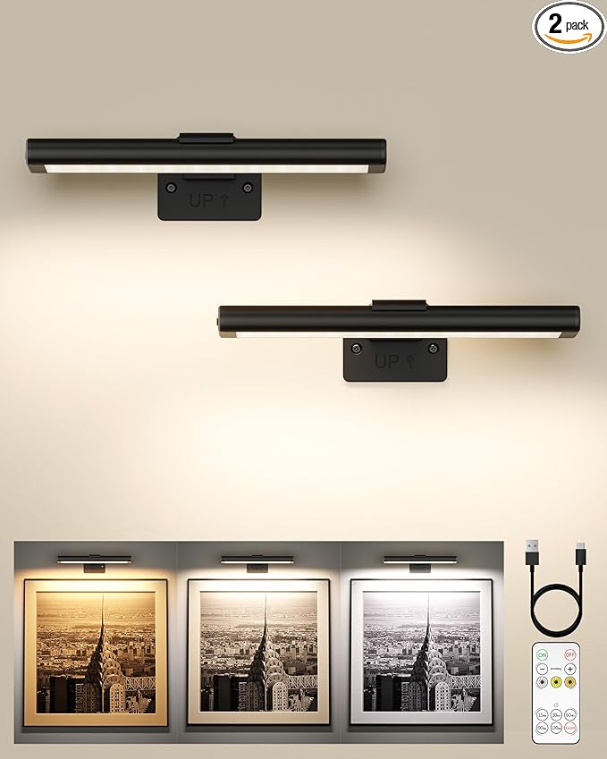 EZVALO Picture Light for Wall, Rechargeable 2400mAh Battery Lights Wireless Remote, 3 Color & Dimmable Magnetic 7.87'' LED Lights Display for Painting, Living Room, Gallery, Bedroom(Black-2P)