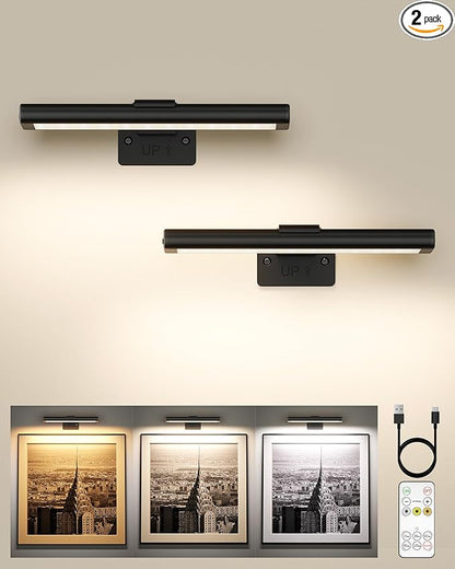 EZVALO Picture Light for Wall, Rechargeable 2400mAh Battery Lights Wireless Remote, 3 Color & Dimmable Magnetic 7.87'' LED Lights Display for Painting, Living Room, Gallery, Bedroom(Black-2P)