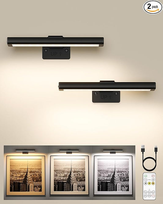 EZVALO Picture Light for Wall, Rechargeable 2400mAh Battery Lights Wireless Remote, 3 Color & Dimmable Magnetic 7.87'' LED Lights Display for Painting, Living Room, Gallery, Bedroom(Black-2P)