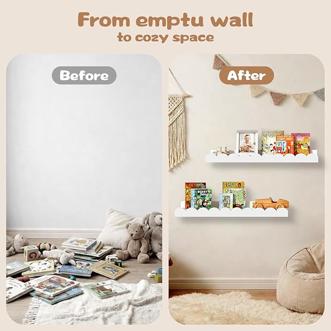 Nursery Floating Shelves for Kids Room, 2 Pack 23.6 Inch White Wall Shelves with Scalloped Edge, Kids Bookshelves for Toddler Bedroom, Playroom, Baby Nursery Decor