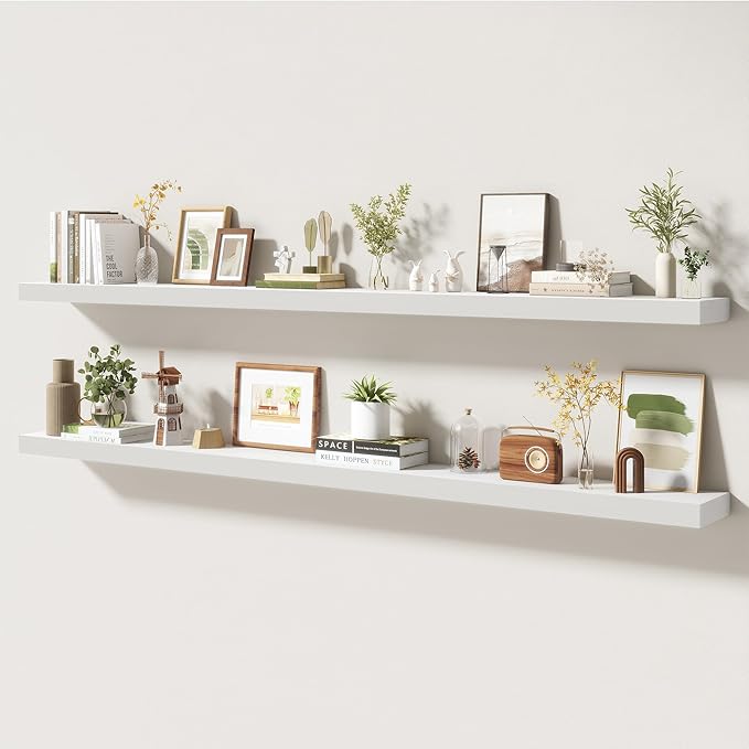 72 Inch Floating Shelves | 6.5 Inch Deep White Floating Shelves Set of 2 | 72" W x 6.5" D Rustic White Wood Wall Shelves with Invisible Brackets for Bathroom Living Room Bedroom