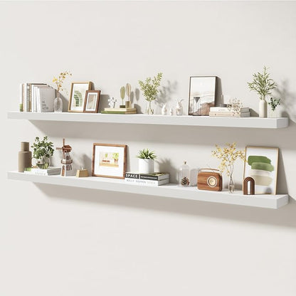 72 Inch Floating Shelves | 6.5 Inch Deep White Floating Shelves Set of 2 | 72" W x 6.5" D Rustic White Wood Wall Shelves with Invisible Brackets for Bathroom Living Room Bedroom