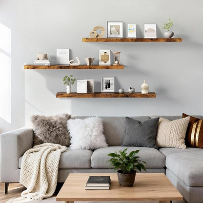 Merapi Set of 3 Floating Shelves 36 Inch Wall Mounted Solid Wood Shelves for Bathroom Kitchen Living Room Bedroom & Office - Brown Natural Wood Texture Easy Installation