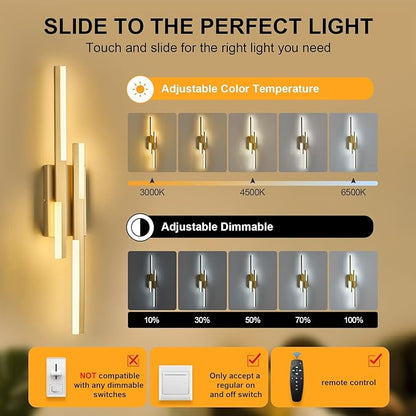 Modern LED Wall Sconce Gold Remote Wall Light Fixtures for Bathroom, Dimmable Vanity Light Indoor LED Remote Wall Sconce for Bedside Bedroom Living Dining Room (27.6inch 3000-6500K 1 Pack)