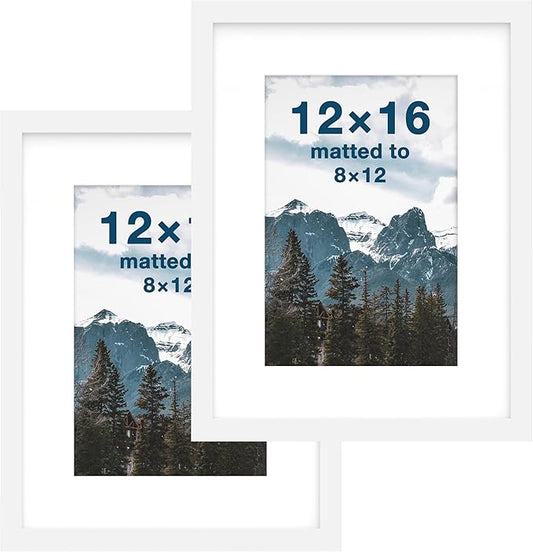 FrameWorks 2-Pack, 12x16 Matted to 8x12 Picture Frame, White – Classic Wooden Photo Frame with Tempered Glass, Modern Matte Finish for Prints, Posters, Certificates & Wall Decor – Gallery-Ready