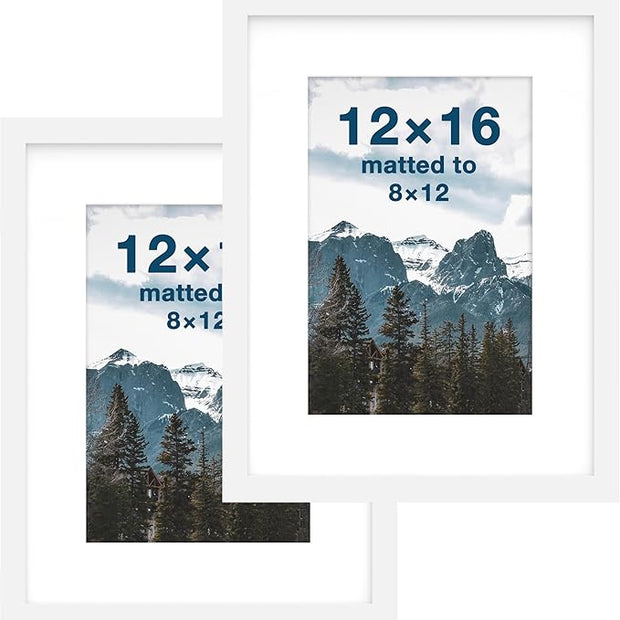 FrameWorks 2-Pack, 12x16 Matted to 8x12 Picture Frame, White – Classic Wooden Photo Frame with Tempered Glass, Modern Matte Finish for Prints, Posters, Certificates & Wall Decor – Gallery-Ready