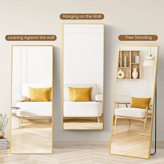 DUMOS Full Length Mirror with Stand 70.4"x25.6" Floor Standing Aluminum Frame for Bedroom Body Hanging Leaning Modern Simple Home Decor Shatter-proorf Nano Glass Wall Living Room Cloakroom Gold
