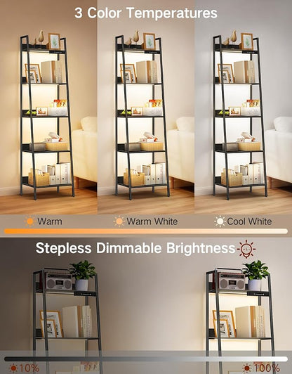 5-Tier Small Ladder Shelf with LED Lights, Touch & Remote Control, 3 Color Temperatures, Dimmable Tall Corner Standing Bookcase, Metal Wood Display Shelf for Living Room, Bedroom(Black)