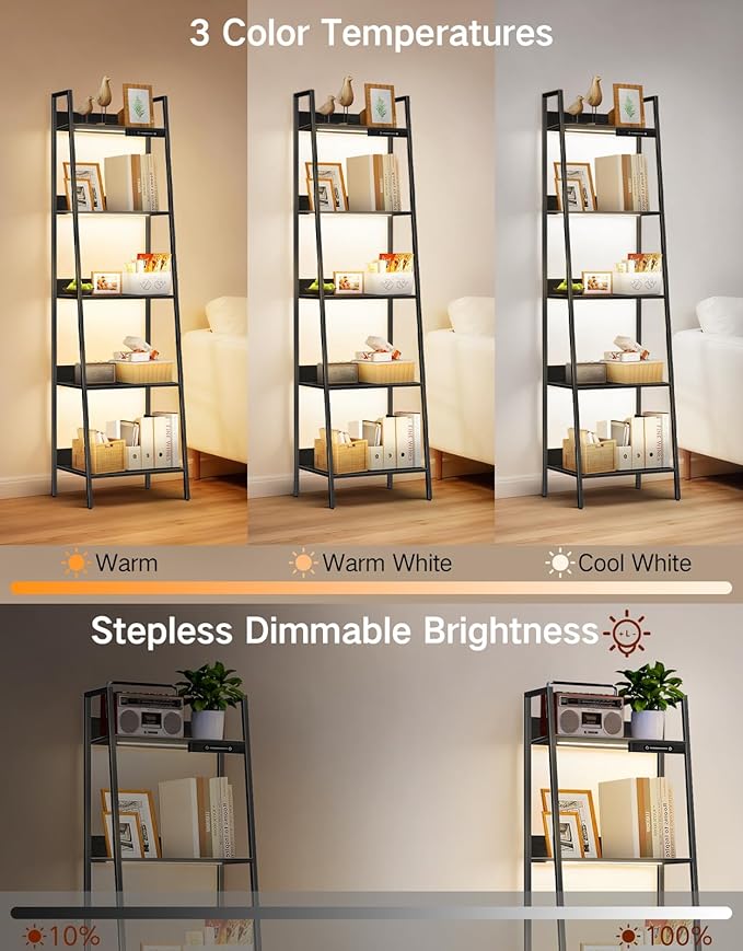 5-Tier Small Ladder Shelf with LED Lights, Touch & Remote Control, 3 Color Temperatures, Dimmable Tall Corner Standing Bookcase, Metal Wood Display Shelf for Living Room, Bedroom(Black)