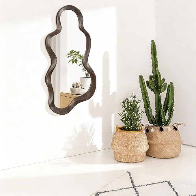 Asymmetrical Mirror Modern Wood Frame Unique Artistic Large Irregular Wall Mirrors Cute and Stylish Cloud Wavy Mirror Decorative for Cloakroom Bedroom Living Room Bathroom Entryway 30