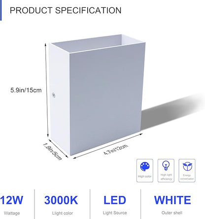 KICAAO LED Wall Sconces Set of Two, 12W Modern Wall Lamp, White Up Down Wall Mount Lights for Living Room Hallway Bedroom Decor, Hardwired Aluminum Wall lamp (White 3000K)