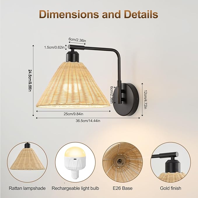 Rattan Rechargeable Wall Sconce Set of 2, Black Battery Operated Wall Lights with Remote, Hand Woven Boho Sconces Swing Arm Wireless Wall Lamp for Bedroom, Living Room, Hallway Decor