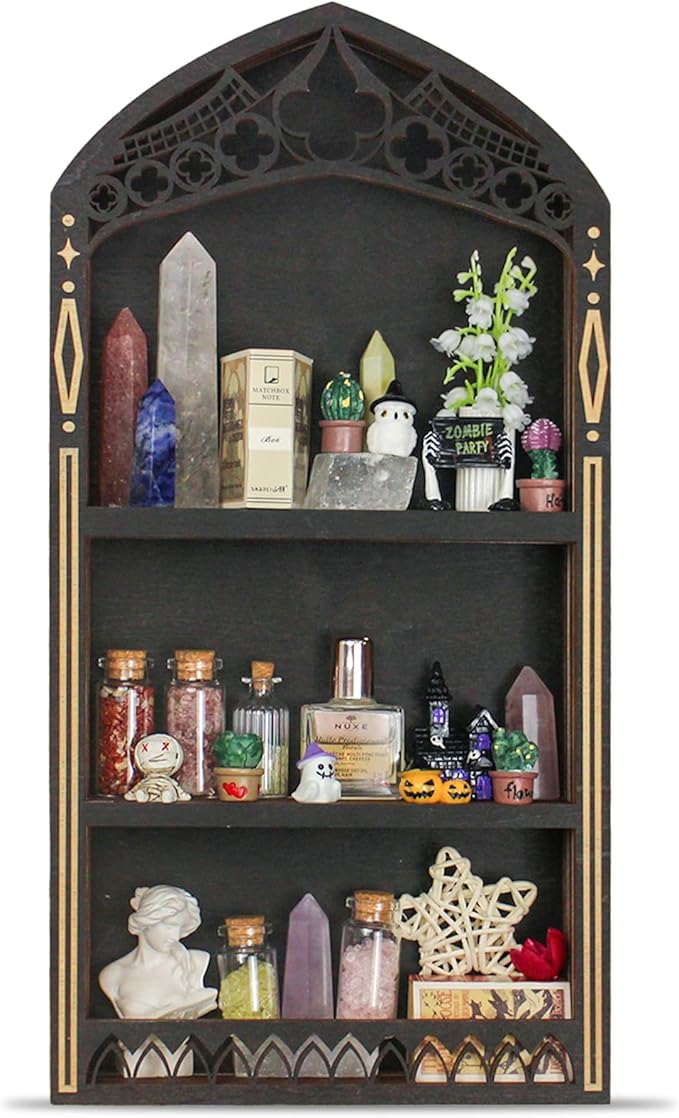 Gothic Crystal Shelf Display for Wall, Wooden Rock Gem Healing Stone Display Shelf Wall Mounted, Crystal Holder Trinket Organizer Knick Knack Shelf, Gothic Witchy Decor Gifts for Women - 2025 UPGRADED
