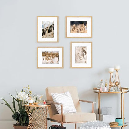 8x10 Picture Frame Set of 4, Displays 5x7 with Mat or 8x10 Without Mat, Photo Frames for Wall Hanging or Tabletop, Includes HD Plexiglass, Light Wood Grain