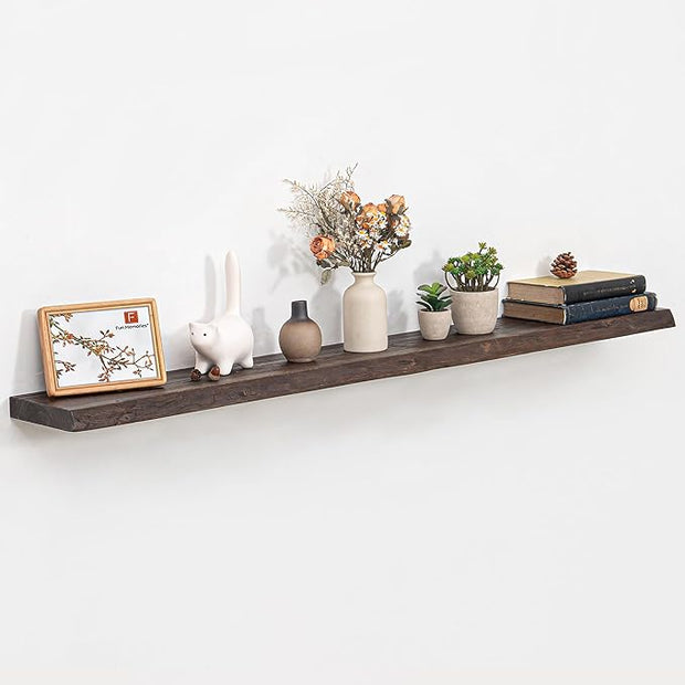 Fun Memories Floating Shelves for Wall, 55"x9.3" Rustic Solid Live-Edge Elm Wood Wall Shelves, Heavy-Duty Floating Shelves with Invisible Brackets for Living Room, Bedroom, and Kitchen, Walnut Finish