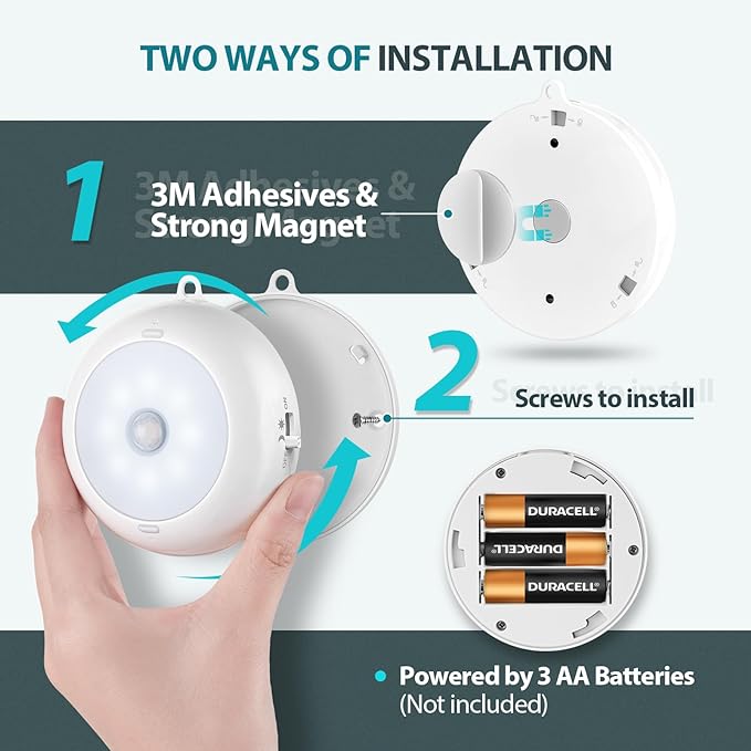 Motion Sensor Light Indoor, LED Night Light Closet Lights, Under Cabinet Lights, AA Battery Operated Stick on Wireless Puck Lights for Wall, Step, Stair, Dimmable (3 Pack)