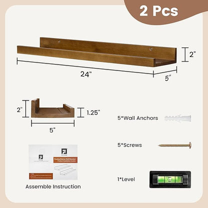 Picture Ledge Shelf for Wall, 24 inch Solid Ash Wood Nursery Book Shelves 2 Packs, Floating Shelves for Kids' Room Bedroom Bathroom Living Room Photo Frames Office Nursey Wall Decor, Walnut