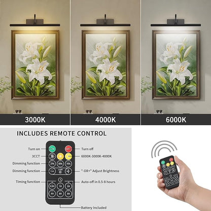 Dimmable Cordless Picture Light with Controller and Timer, Rechargeable 5000mAh Battery Wall Sconce for Wall Pictures, 16in Wall Light for Gallery Artwork, Paintings, Portraits -Black