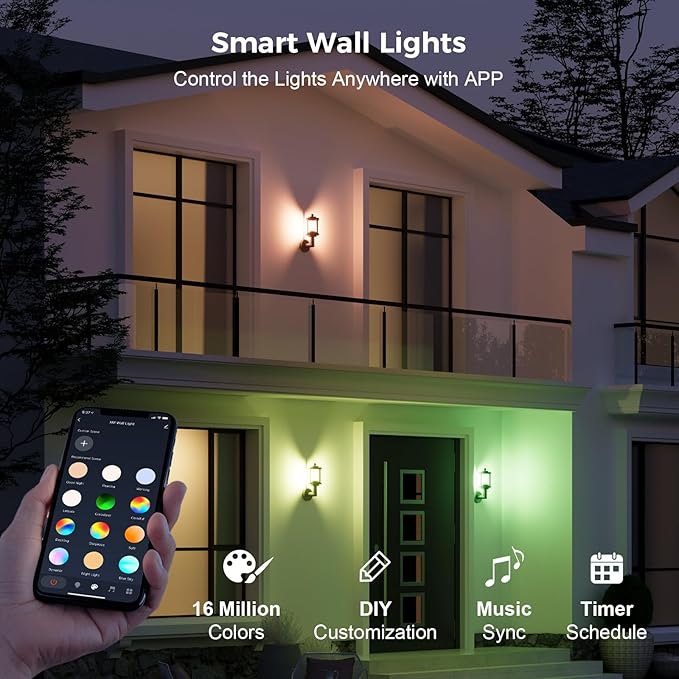 XMCOSY+ Outdoor Wall Lights, 1100LM Smart Porch Lights Outdoor, RGBCW LED Outdoor Sconce Lights, WiFi APP Control, Compatible with Alexa, IP65 Waterproof Exterior Lighting Fixtures, 2 Pack
