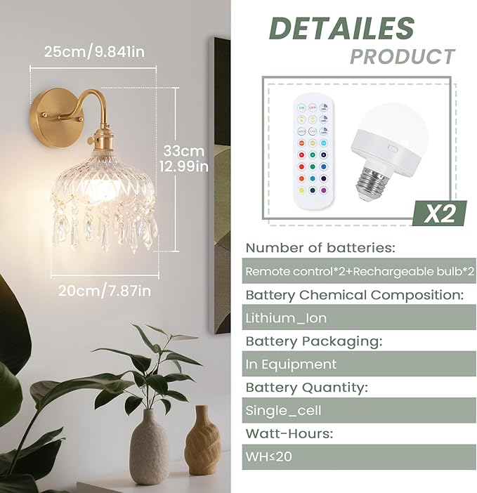 Vintage Battery Operated Wireless Wall Sconces, Rechargeable Battery Antique Brass Wall Lights,Luxury Corridor Lamp with Remote for Dining Room Hallway Living Room, Set of Two