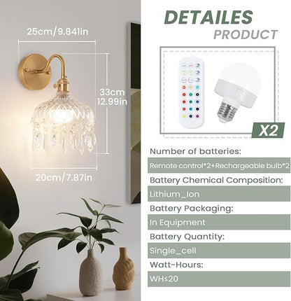 Vintage Battery Operated Wireless Wall Sconces, Rechargeable Battery Antique Brass Wall Lights,Luxury Corridor Lamp with Remote for Dining Room Hallway Living Room, Set of Two