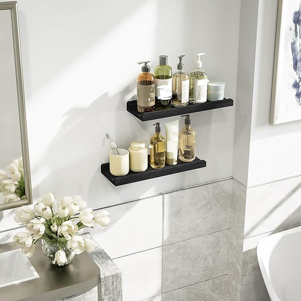 Love-KANKEI Floating Shelves Wall Mounted Set of 2, 17 Inch Rustic Wood Wall Shelves for for Storage, Bedroom Living Room Bathroom Kitchen Office and More Black