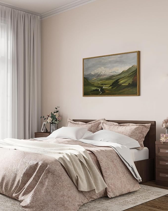 SHENIFY Landscape 24x36in Large Vintage Framed Canvas Wall Art Classical Mountain Range Valley Prints Farmhouse Bathroom Office Decor - Natural Framed