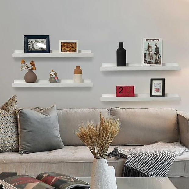 Long Floating Shelves With Lip,Picture Ledge Shelves Set of 4,Rustic Photo Frames Storage Display Shelves Wall Mounted for Living Room Bedroom Kitchen Kids Nursery,Home Decor (White, 24 Inch)