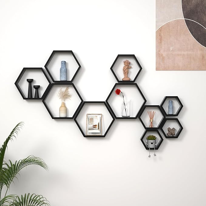 WONFUlity Hexagon Floating Shelves Honeycomb Wall Mounted Wood Farmhouse Storage for Bathroom, Kitchen, Bedroom, Living Room - Driftwood Finish Wall Decor, Black