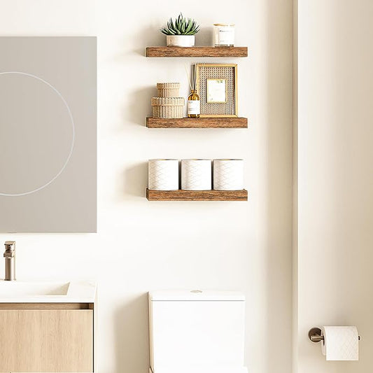 Ballucci Floating Shelves, 16" Wood Wall Shelf Set of 3, Invisible Brackets Floating Shelf for Wall Decor Living Room, Bathroom, Bedroom, Kitchen, 6" Depth, Rustic Brown