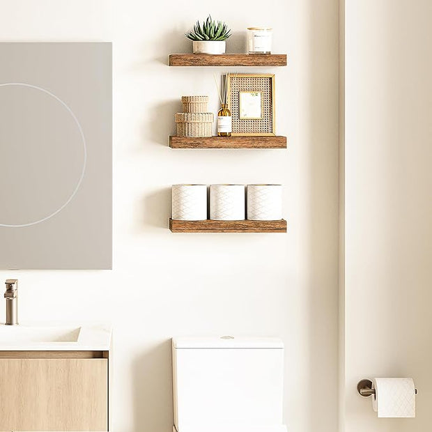 Ballucci Floating Shelves, 16" Wood Wall Shelf Set of 3, Invisible Brackets Floating Shelf for Wall Decor Living Room, Bathroom, Bedroom, Kitchen, 6" Depth, Rustic Brown