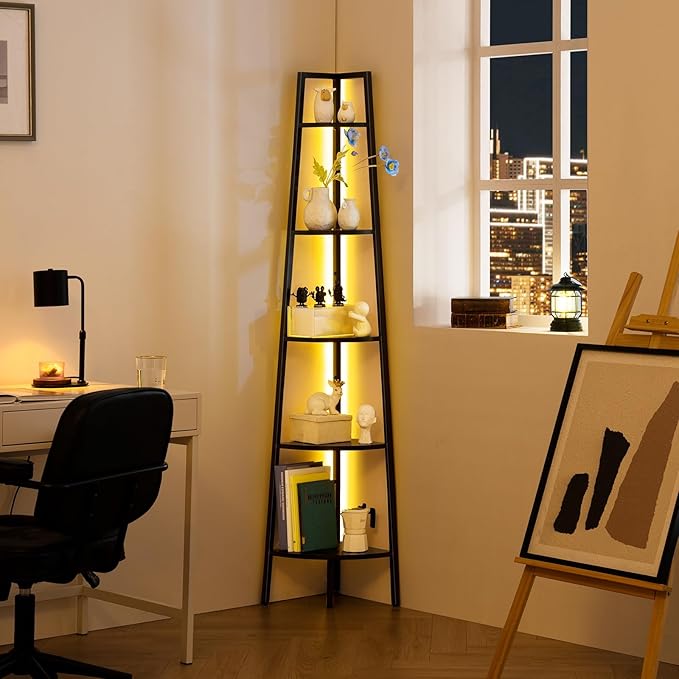 Yoobure Corner Shelf Stand, 5-Tier Bookshelf with LED Lights & Steel Frame, Tall Storage Shelves for Living Room, Bedroom, Office, Multi-Purpose Display Bookcase