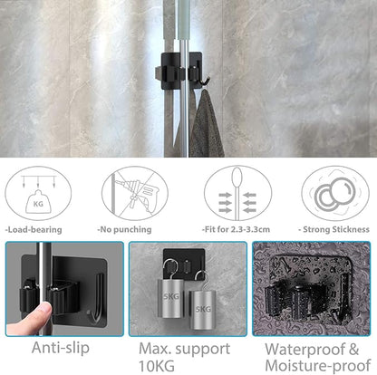 Mop Broom Holder No Drill, Mop Broom Organizer Wall Mounted Heavy Duty with Hooks Hanger, Self Adhesive Stainless Steel 6Pcs for Bathroom, Kitchen, Office (Black)