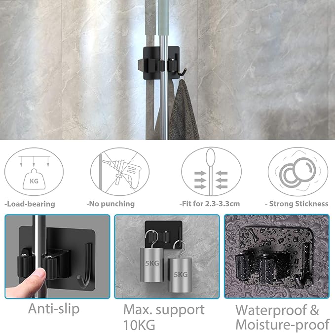 Mop Broom Holder No Drill, Mop Broom Organizer Wall Mounted Heavy Duty with Hooks Hanger, Self Adhesive Stainless Steel 4Pcs for Bathroom, Kitchen, Office (Black)