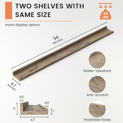 Picture Ledge Shelf, Floating Shelves Set of 2, 56 Inches Long Large Nursery Book Shelves for Toys Storage, Kids Bookshelf Wall Mounted for Living Room Bedroom Decor Books Photo Frames,Grey