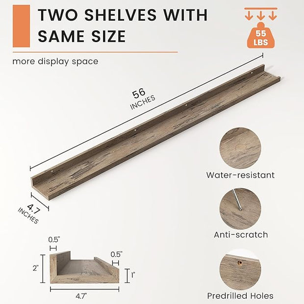 Picture Ledge Shelf, Floating Shelves Set of 2, 56 Inches Long Large Nursery Book Shelves for Toys Storage, Kids Bookshelf Wall Mounted for Living Room Bedroom Decor Books Photo Frames,Grey