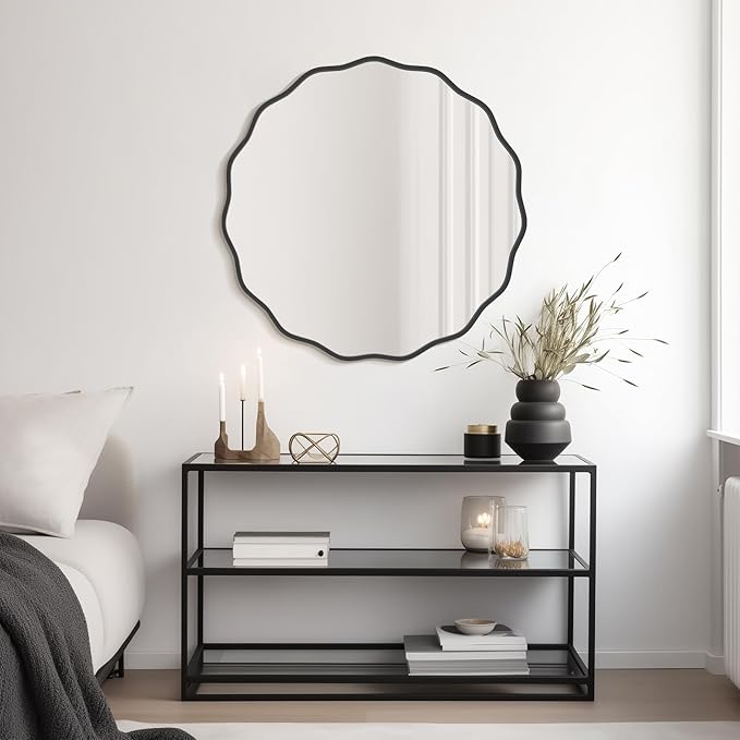 WallBeyond Round Wavy Mirror for Wall Decorative 32 inch, Modern Round Mirror Aluminum Frame for Bathroom Bedroom Living Room Home House Office Entryway, Black
