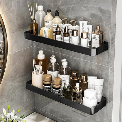15.7in Bathroom Wall Shelf (2 Tier), Glass Shelf for Wall Mounted, Black Shower Caddy Shelves, Bathroom Shelves with Towel Holder for Shower Organization and Storage