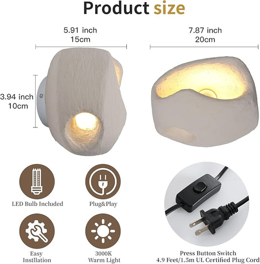 Modern Wall Sconce Plug in, Indoor Wall Light Fixture, 2 Holes Minimalist Industrial Cement Stone Style Wall Mounted Lamp for Living Room Bedroom Vanity Hallway Stairs, Bulb Included
