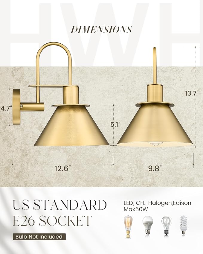 Wall Sconces for Bathroom Set of 2, HWH Wall Mount Lighting with Metal Shade, Indoor Gold Wall Lights for Living Room Mirror Kitchen, Gold Finish, 5HZG56BL-2 BG