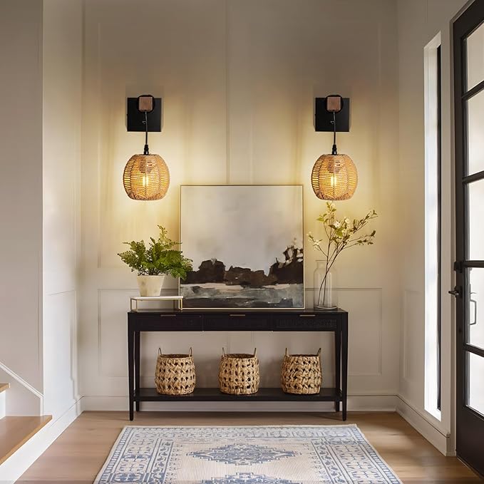 N01 Plug in Dimmable Wall Sconces Hanging Boho Rattan Wall Lamp Farmhouse Stepless Wall Sconce Woven Wall Lamp Hardwired Wall Lights for Living Room Bedroom Bedside Hallway (Bulb Included)