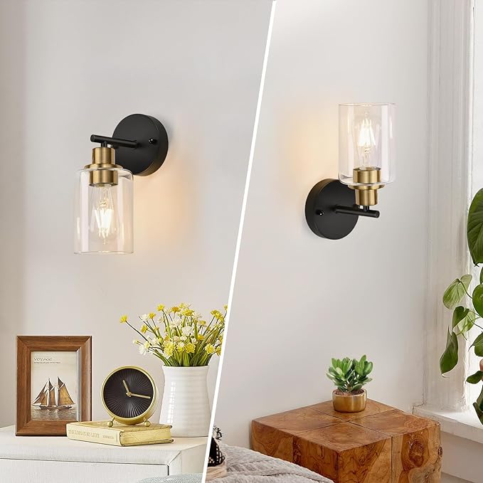 Set of 2 Wall Sconces for Bathroom, Black and Gold Modern Vanity Lights with Clear Glass Shade,Bathroom Wall Lamp for Mirror Kitchen Living Room Hallway Cabinet Porch