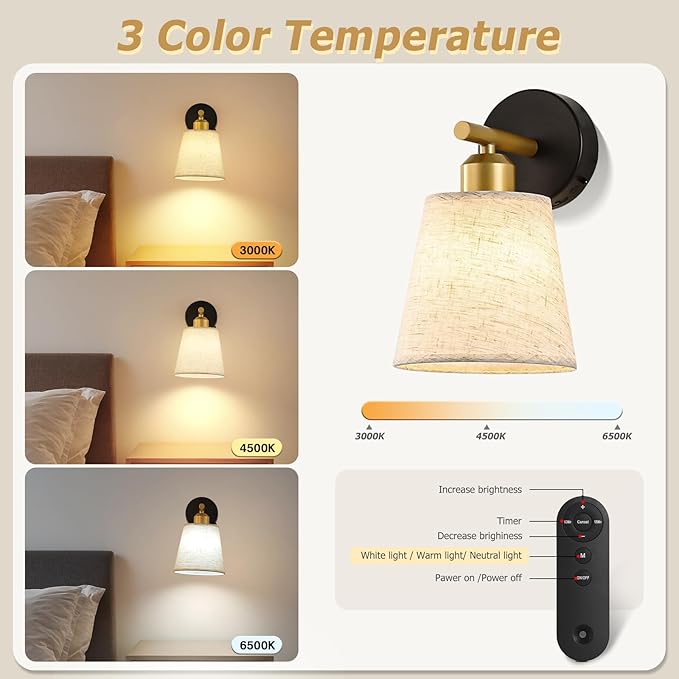 JOOSENLUX Battery Operated Wall Sconce Set of 2 with Fabric Shade – Rechargeable Cordless Wall Lamps, Remote Control, Dimmable LED, Black and Gold, Modern Decorative Accent Light