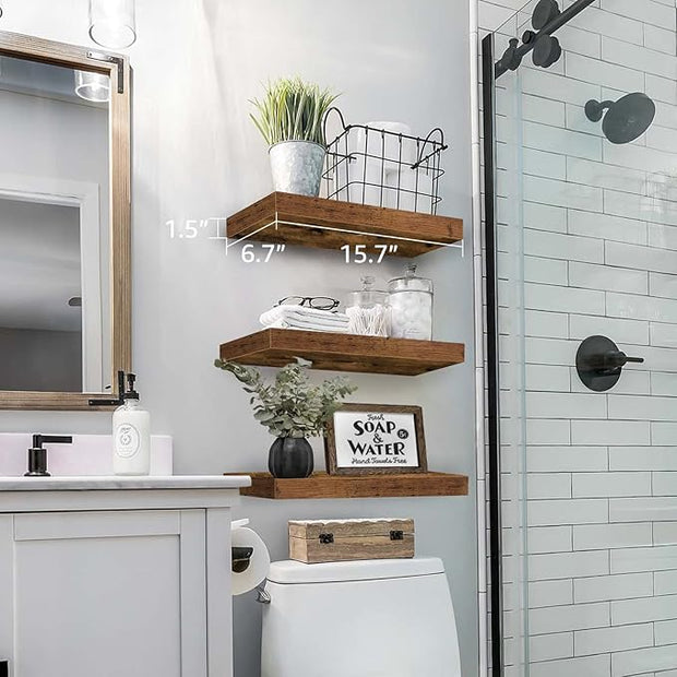 QEEIG Floating Shelves for Wall Bathroom Shelf Bedroom Kitchen Living Room Hanging Book Shelves Small Farmhouse Decor 16 inch Set of 3, Rustic Brown (015-BN3)
