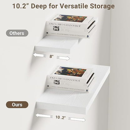 Vivelove 10 in Deep Floating Shelves for Wall, 16" x 10.2" x 1.5" Shelves for Room Wall Mounted, 1.5 Inch Thick Shelf for Bathroom Bedroom Kitchen Book Room, Modern Farmhouse Decor, Set of 2, White