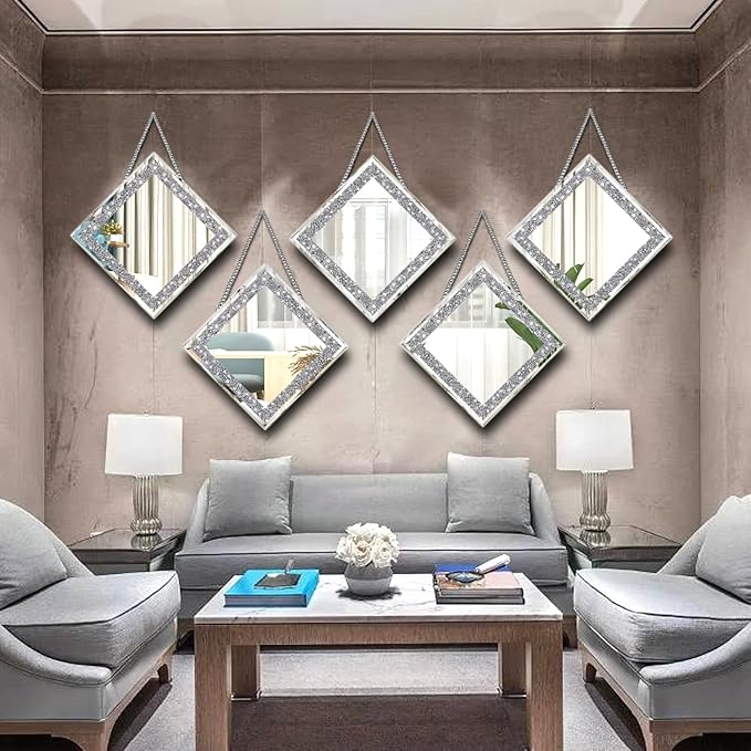 2 Piece Wall Mirrors, Crush Diamond Mirrors Decor, Silver Decorative for Living Room Bedroom, Bathroom. (12”x12”)