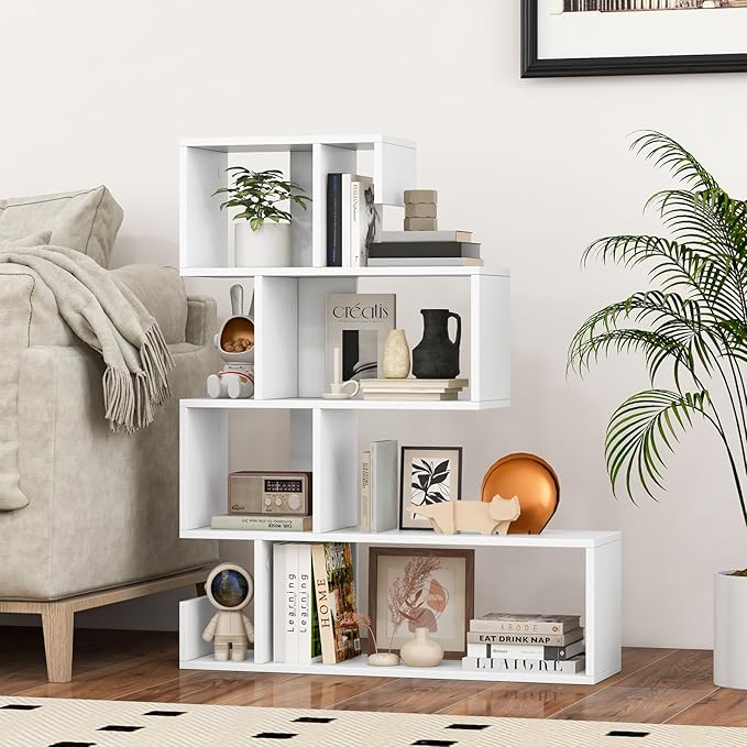 Giantex 5-Tier S-Shaped Bookshelf, Geometric Bookcase w/Open Cubes, Modern Decorative Display Shelf w/Anti-Toppling Kits, Freestanding Storage Rack for Living Room, Study, Home, Office (2, White)