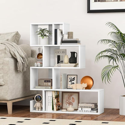 Giantex 5-Tier S-Shaped Bookshelf, Geometric Bookcase w/Open Cubes, Modern Decorative Display Shelf w/Anti-Toppling Kits, Freestanding Storage Rack for Living Room, Study, Home, Office (2, White)