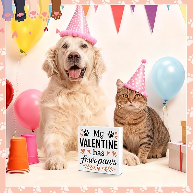 Valentines Cat Dog Desk Decor, Valentine's Day Gifts for Cats Dogs Lover Pet Parent, Home Office Table Sign Decoration for Shelf Tiered Tray, My Valentine Has Four Paws