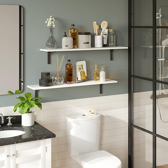 DINZI LVJ Long Wall Shelves, 39.4Inch Wall Mounted Shelves Set of 2, Extra Large Floating Storage Ledges with Sturdy Metal Brackets for Living Room, Bathroom, Bedroom, Kitchen, White